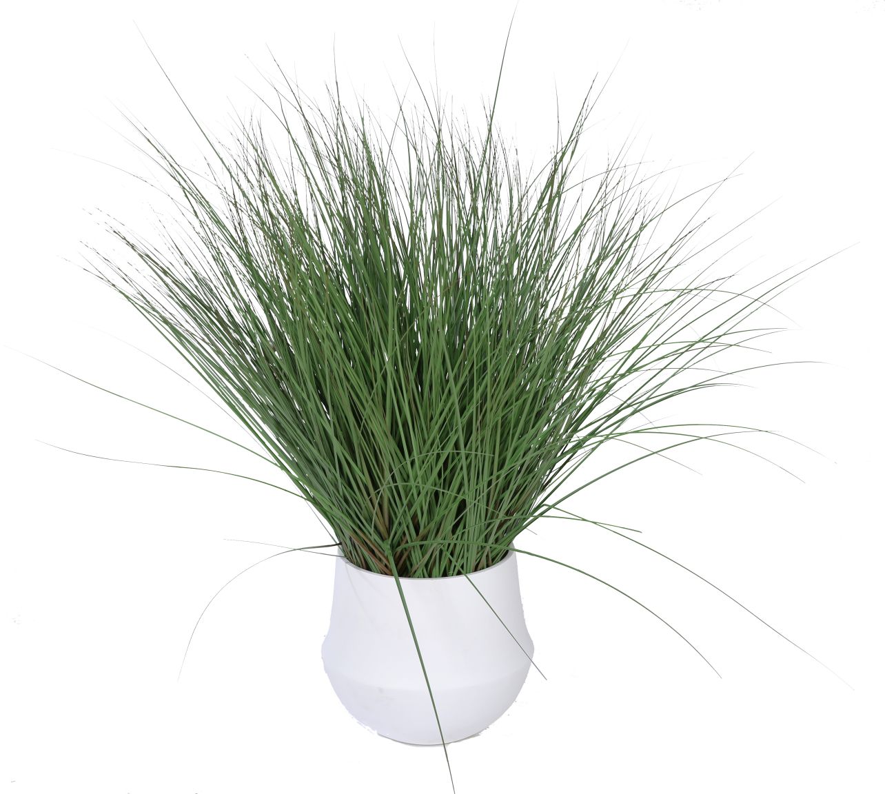 Copenhague Grass Kunstpflanze: Detailaufnahme von künstlichem Ziergras in einem weißen, modernen Topf. Dekorative Kunstpflanze für Zuhause.
